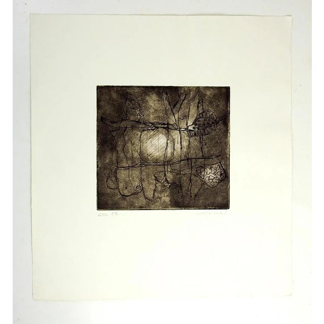 Vintage late 20th century abstract sepia etching on paper. Signed illegibly in pencil along lower margin. Unframed, image...