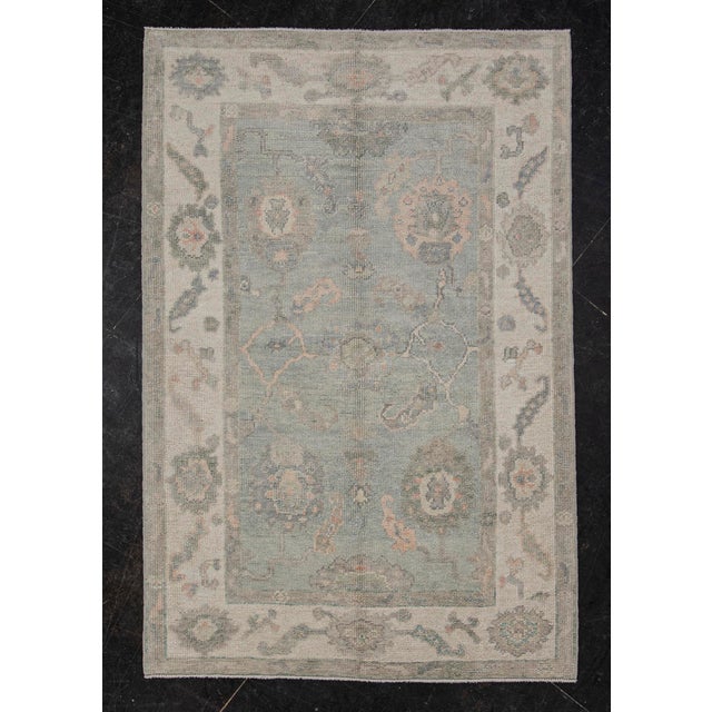 Turkish Oushak Rug Green and Blush Floral Handwoven Wool Rug 4' X 6' For Sale - Image 9 of 9