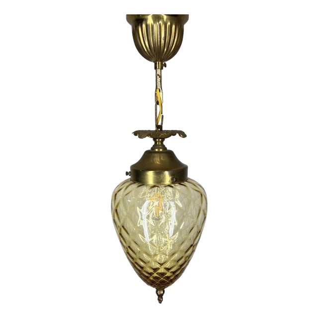 Pendant Lamp in Brass and Yellow Glass For Sale