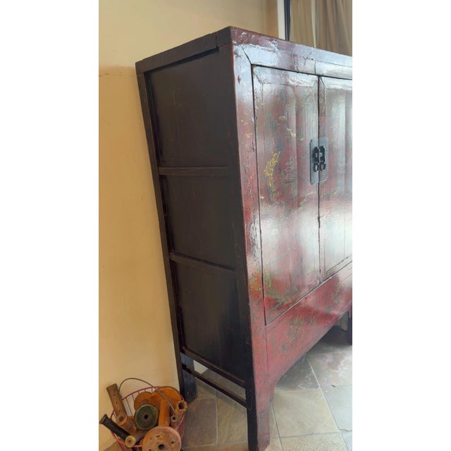 19th Century Late 19th Century Red Antique Chinese Chinoiserie Style Wedding Cabinet For Sale - Image 5 of 12