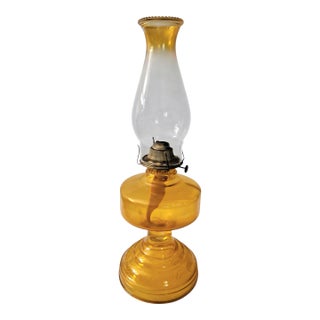 Vintage Amber Glass Kerosene Oil Lamp With P&a Eagle Burner and Chimney For Sale