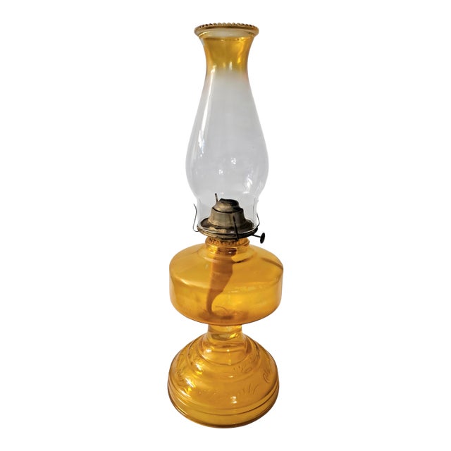 Vintage Amber Glass Kerosene Oil Lamp With P&a Eagle Burner and Chimney For Sale