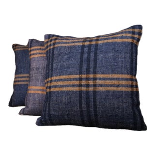 Set of 3 Vintage Handwoven Indigo Stripe Pillows – 16x16 For Sale