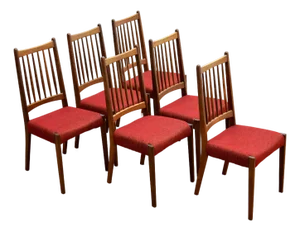 1960s Set of Six Danish Modern Dining Chairs in Teak & Red