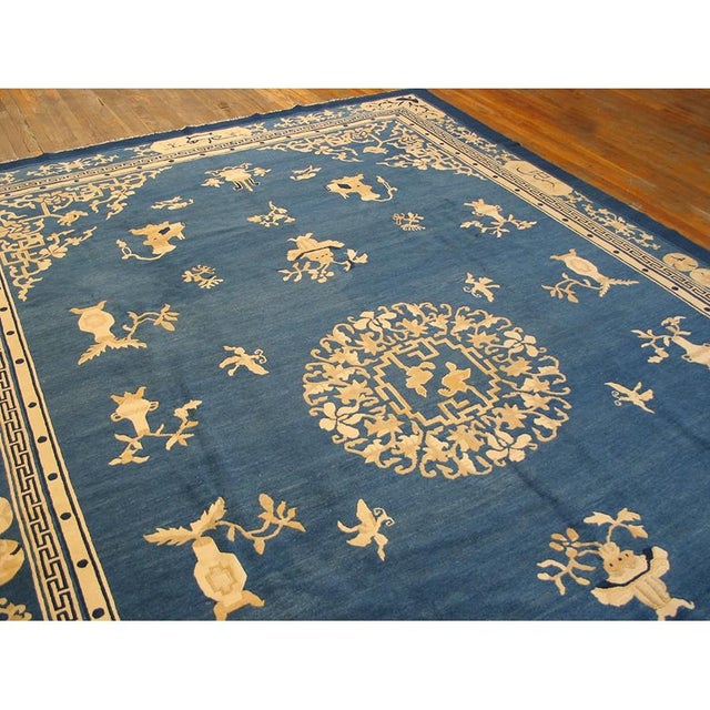 1880s Classic Floral Deco Medallion Design Light Blue Antique Chinese Peking Rug For Sale In New York - Image 6 of 6