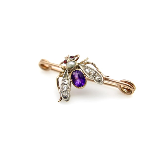 Victorian Late 19th Century Victorian 12k Gold Diamond, Amethyst, Pearl, and Garnet Fly Brooch For Sale - Image 3 of 6