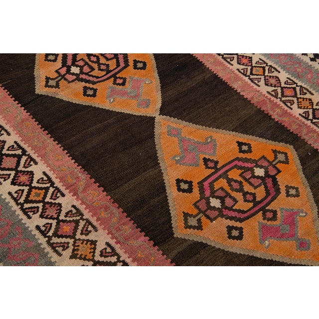 Brown Vintage Kilim Handmade Flatweave Tribal Motif Wool Runner For Sale - Image 9 of 10