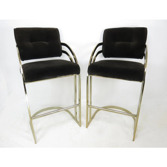 Modern Vintage Brass Cantilever Bar Stools With Dark Brown Velvet by Cal-Style - a Pair For Sale - Image 3 of 10