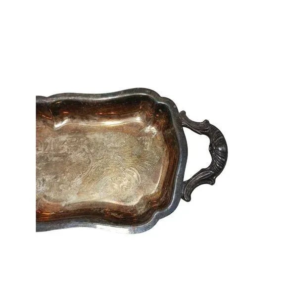 Antique Leonard 11" Serving Tray Footed Handles Silverplate Patina Aged Vintage For Sale In San Diego - Image 6 of 16