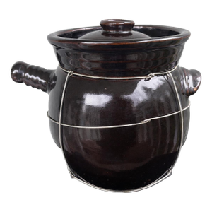 Vintage Dark Brown Stoneware Bean Pot With Lid and Wire Carrier, C. 1940s–1950s