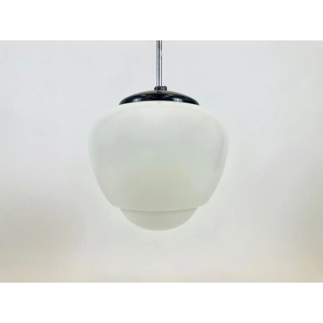 1940s Czech White Milk Glass and Bakelite Pendant Lamp from Napako, 1940s For Sale - Image 5 of 6