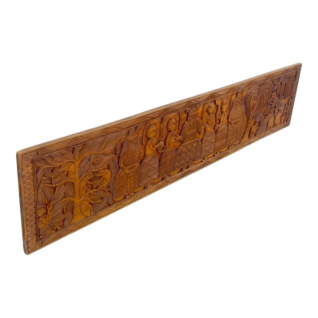 Carved Solid Teak Long Rectangle Wall Plaque Relief Sculpture Depicting Villager For Sale