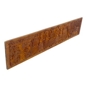 Carved Solid Teak Long Rectangle Wall Plaque Relief Sculpture Depicting Villager