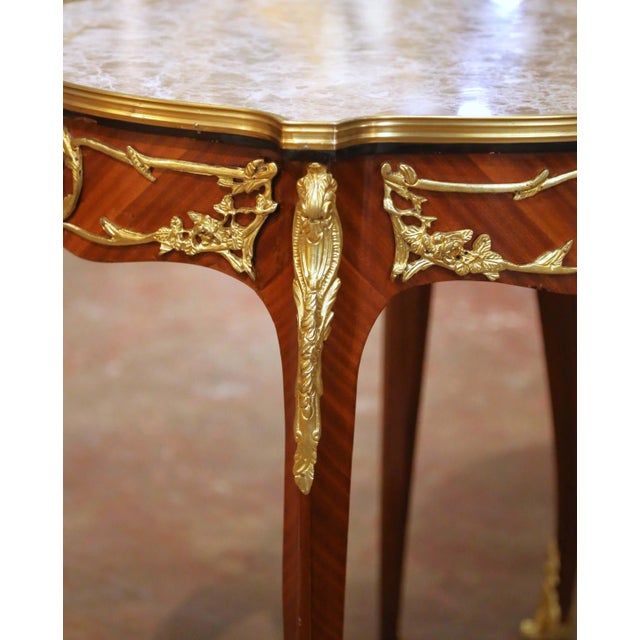 Mid 20th Century Pair of Mid-C. French Louis XV Marble-Top Mahogany & Ormolu Mounted Side Tables For Sale - Image 5 of 11