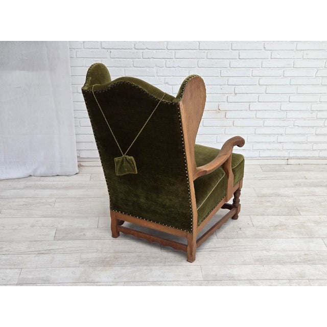 Green Vintage Danish Wingback Lounge Chair in Furniture Velour and Oak, 1960s For Sale - Image 8 of 18