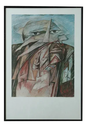 Cyr Frimout, Man with Two Heads, 1990s, Lithograph, Framed