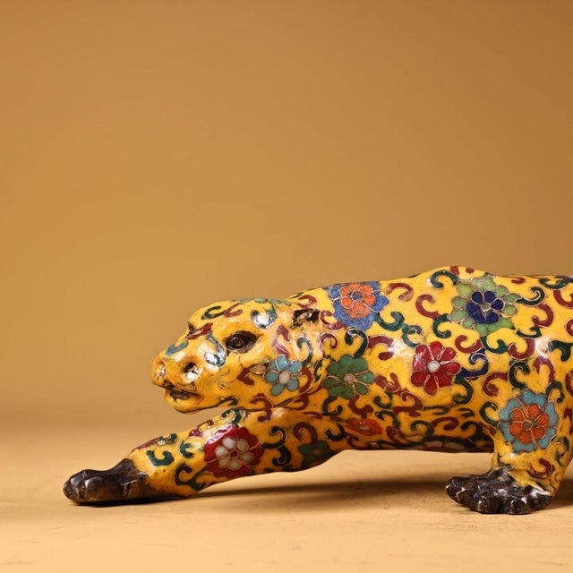 Gilt Bronze Cloisonné Enamel Leopard Figure in Stalking Pose For Sale - Image 4 of 10