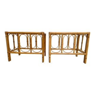 1980s Pair of Vintage Rattan Glass Top End Tables Palm Beach For Sale