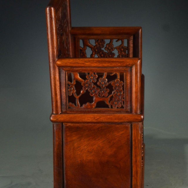 Wood Vintage Chinese Huali Rosewood Shrine Cabinet | Openwork Carved Altar With Magpie & Plum Motif For Sale - Image 7 of 9