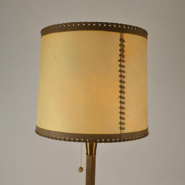 Leather and Brass Floor Lamp with Parchment Shade, 1960s For Sale - Image 3 of 13