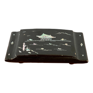 Vintage Japanese Lacquer Cigarette Box & Brass Ashtray – Black Lacquered Wood With Abalone Mother of Pearl Inlay
