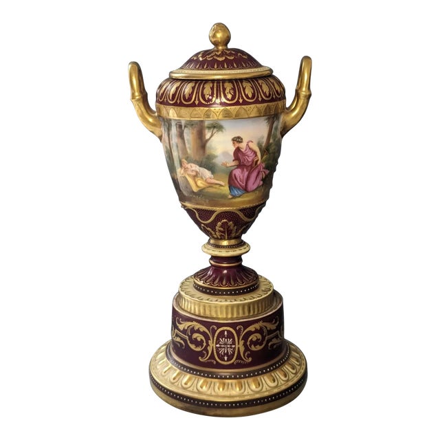 19thc Austrian Antique Royal Vienna Hand Painted Romantic Scene - 2 Handled 13.5" Porcelain Vase For Sale