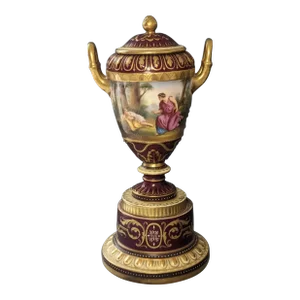 19thc Austrian Antique Royal Vienna Hand Painted Romantic Scene - 2 Handled 13.5" Porcelain Vase