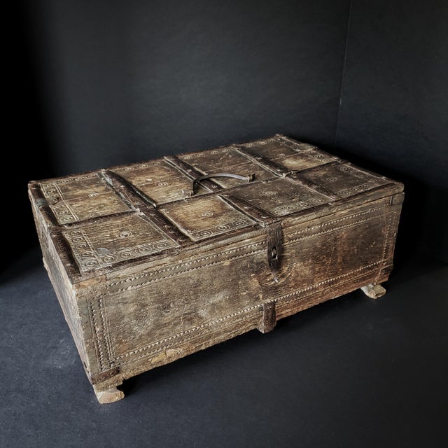 Early 20th Century Indian Carved Wood & Wrought Iron Storage Chest Box