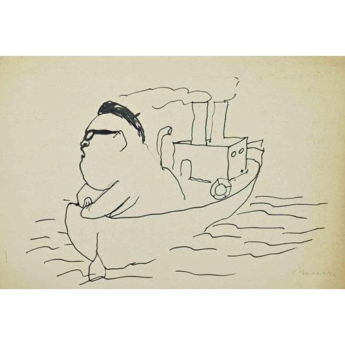 China ink drawing on paper realized by Maccari in 1950s. Hand signed in pencil lower right. A witty and incisive ink...