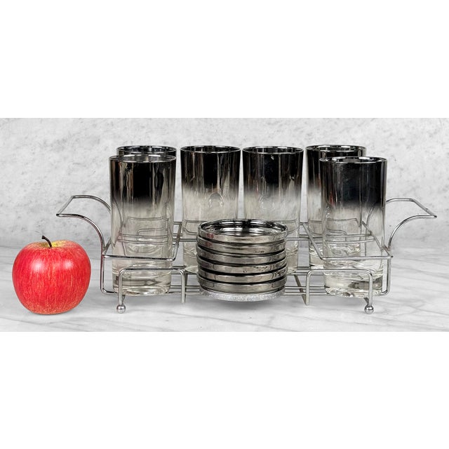 Original Mid-Century Silver Ombre Drink Serving Set Set Includes 6 Tall Boy Glasses, 6 Glass Coasters & Chrome Serving...