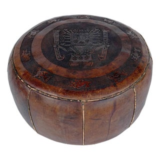 Vintage Brown Tooled Saddle Leather Peruvian Ottoman Hassock For Sale