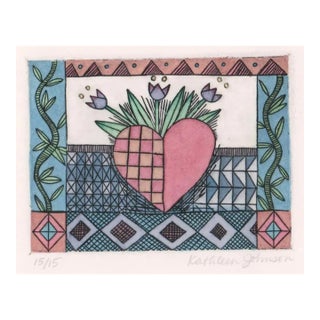 1980s Kathleen Johnson Heart and Tulip Color Etching For Sale