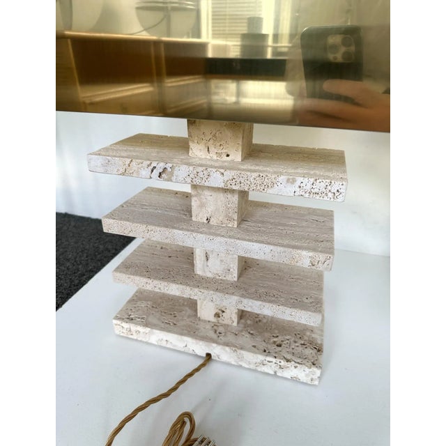 Brass Contemporary Pair of Travertine Blade Lamps and Brass Shades. Italy For Sale - Image 8 of 11
