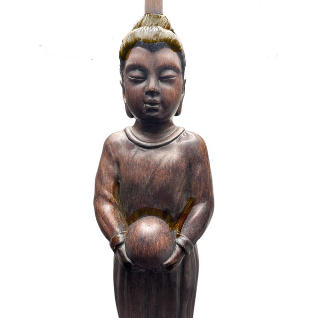 1970s Hand Carved Balinese Figural Table Lamps in the Style of James Mont - A Pair For Sale - Image 9 of 12