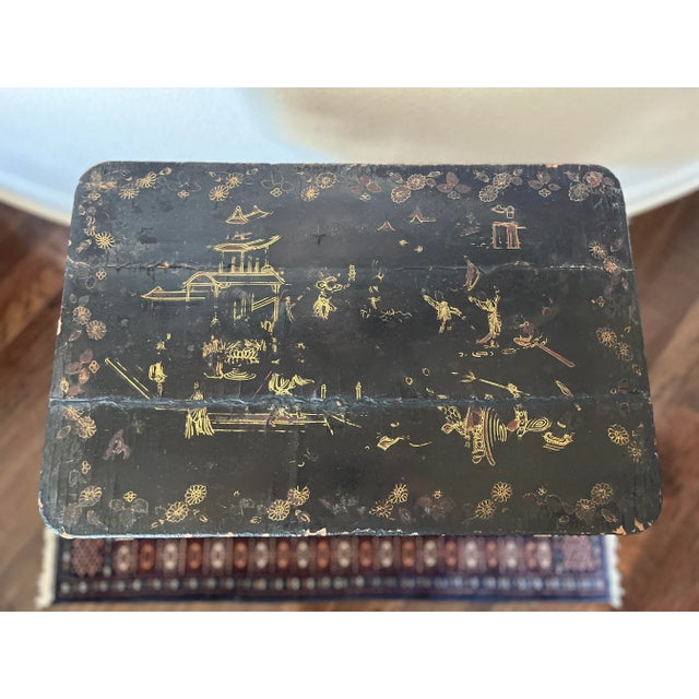 Antique 19th Century Chinese Export English Chinoiserie Black Laquered Sewing Table, Work Table For Sale In Dallas - Image 6 of 12