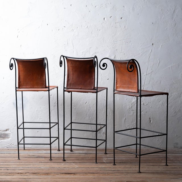 Spanish Hacienda Wrought Iron & Leather Barstools, 1960s For Sale - Image 4 of 13