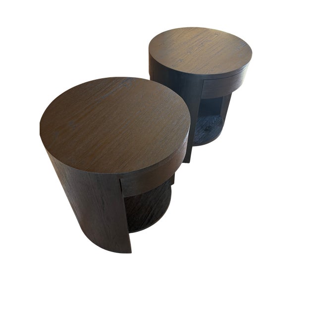Restoration Hardware Wyeth Oak Round Bedside Tables – Set For Sale - Image 9 of 11