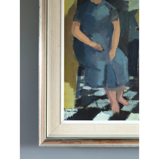 Mid-Century Modern 'Presence in Blue' Swedish Original Figurative Interior Oil Painting, Framed For Sale - Image 6 of 13