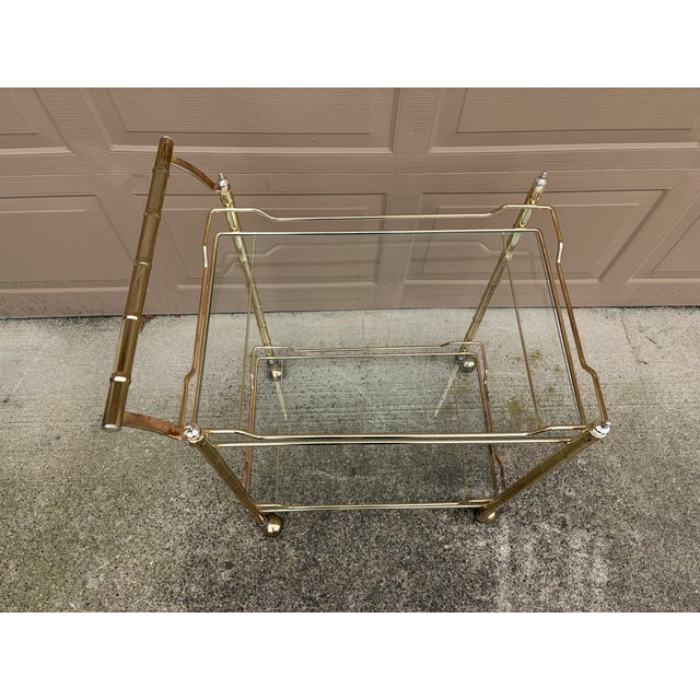 Mastercraft 1960s Mid-Century Hollywood Regency Faux Bamboo Brass and Glass Bar Cart For Sale - Image 4 of 11