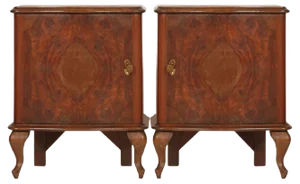 Early 20th-Century Italian Serpentine Nightstand in Walnut, Burl Walnut and Mahogany Veneered Interior, Set of 2