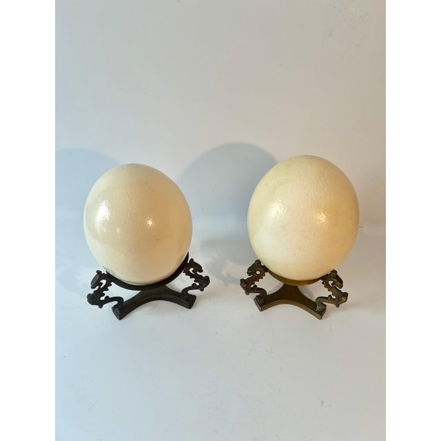 Metal Pair of Ostrich Eggs on Matching Solid Brass Bases For Sale - Image 7 of 8