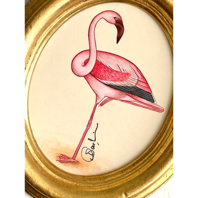 Original Hand-Painted Flamingo in a Vintage Italian Frame For Sale - Image 4 of 4