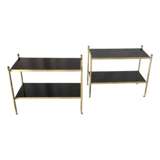 Pair Neoclassical Style Brass Side Tables With Black Lacquered Tops Jansen Style For Sale