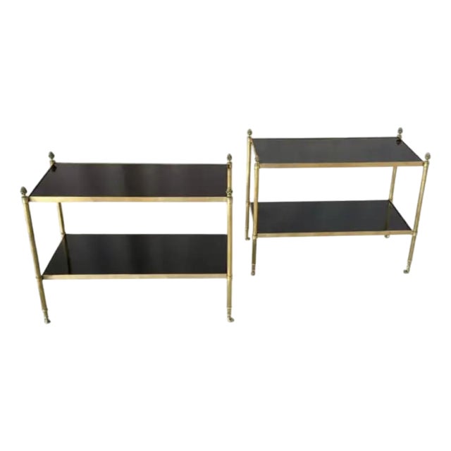 Pair Neoclassical Style Brass Side Tables With Black Lacquered Tops Jansen Style For Sale