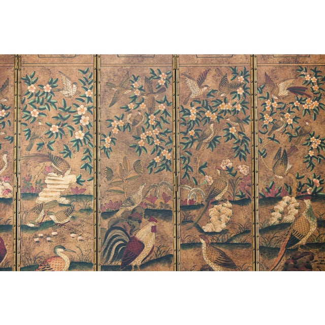 Wood Six-Panel Leather Screen with Birds, Flowers, and Roosters - Vintage For Sale - Image 7 of 12