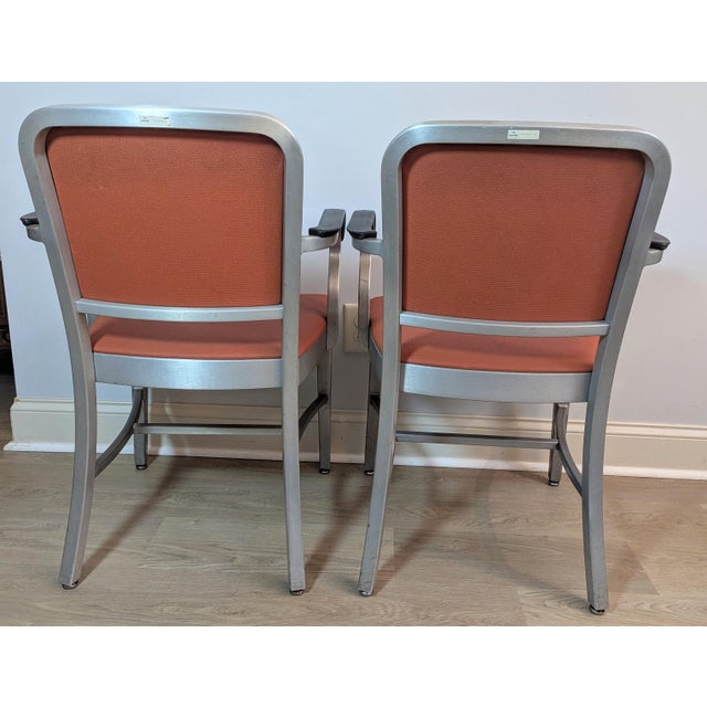 Metal Mid-Century Goodform Aluminum & Terracotta Vinyl Arm Chairs - A Pair For Sale - Image 7 of 14