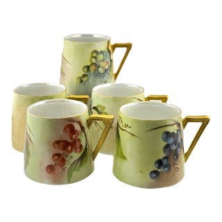 Set of 5 Limoges Porcelain Mugs – Hand Painted Grape Pattern, B&Co France, 1920s For Sale
