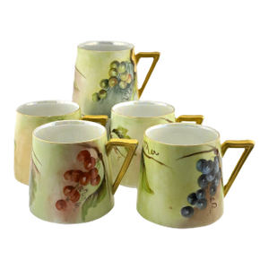 Set of 5 Limoges Porcelain Mugs – Hand Painted Grape Pattern, B&Co France, 1920s