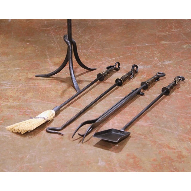 Vintage French Gothic Wrought Iron "Serviteur" Fireplace Tool Set, Five Pieces For Sale - Image 4 of 15