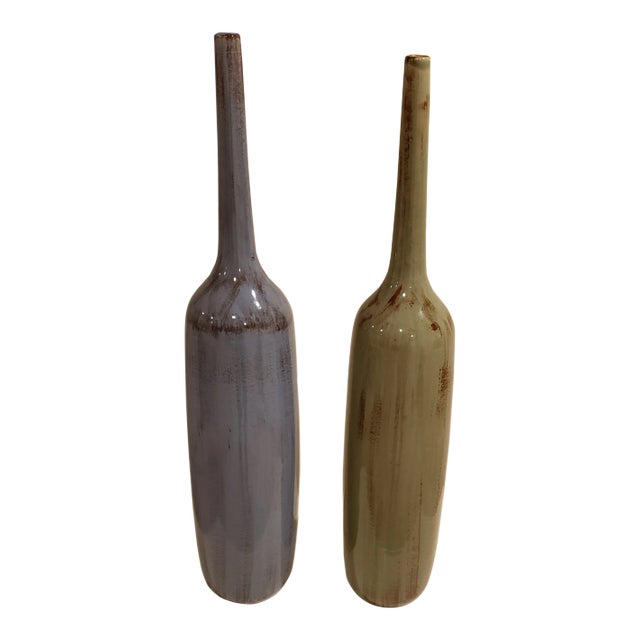 Vintage Two Green and Lavender Ceramic Vases - a Pair For Sale